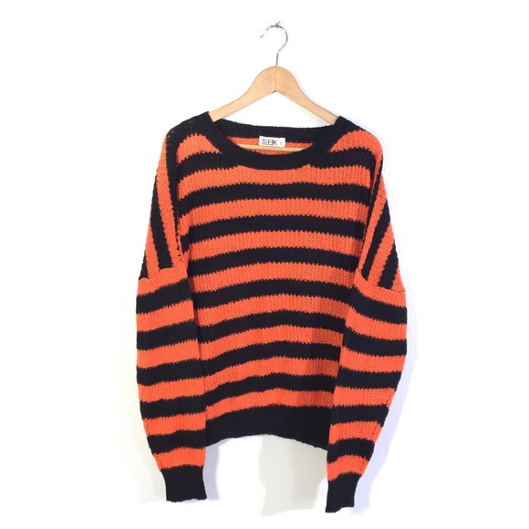 SEEK THE LABEL Sweaters - SEEK The Label Black + Orange Striped Crochet Yarn Knit Oversized Sweater XS